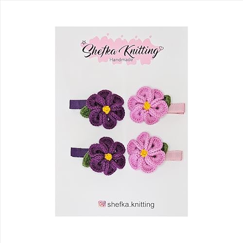 4er Set Handmade Haarspangen – Gehäkelte Baumwoll Haarclips für Mädchen, Hochwertiger Handgemachter Haarschmuck, Elegante Strick Haaraccessoires, Geschenk für Kinder (Blumen Lila/Pink) von Shefka Knitting Handmade