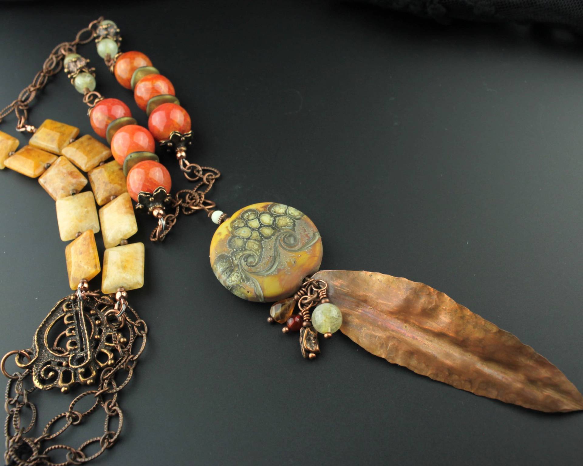 Lampwork Halskette - Antike Kupfer Kette, Perlen Schmuck, Edelsteine, Braun, Orange, Gold Lampwork Halskette - Antike Kupfer Kette, Perlen Schmuck, Edelsteine, Braun, Orange, Gold von SheilaDavisDesigns