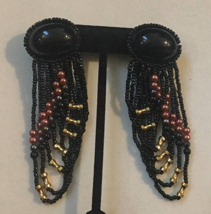 Schwarz & Kupfer Multi Strand Seed Bead Glamours Ohrhänger Mit Goldenen Akzenten von Sheilalussier