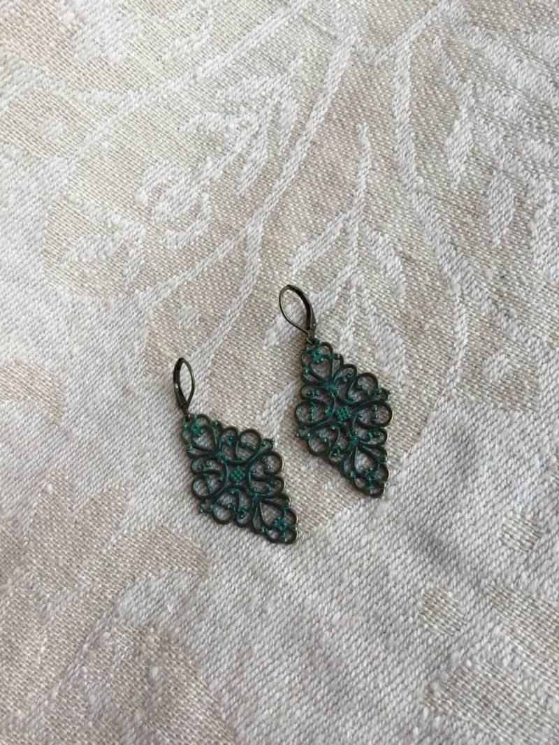 Boho Bronze Filligrane Ohrringe, Patina Baumeln Und Tropfen Brautjungfer Schmuck, Filigrane von Sheilasattic