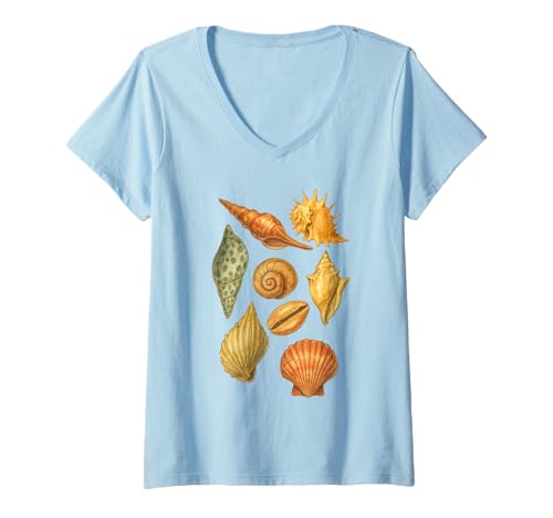Damen Retro Muscheln Muscheln Sammeln Sheller Beachcombing T-Shirt mit V-Ausschnitt Damen Retro Muscheln Muscheln Sammeln Sheller Beachcombing T-Shirt mit V-Ausschnitt von Shell Hunting Seashell Beach Vacation Vintage