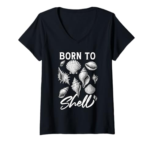 Damen Born To Shell Vintage Shelling Beachcombing Sheller T-Shirt mit V-Ausschnitt Damen Born To Shell Vintage Shelling Beachcombing Sheller T-Shirt mit V-Ausschnitt von Shell Hunting Vacation Seashell Collecting