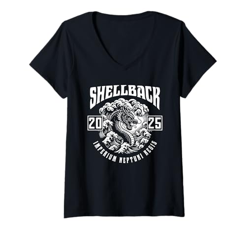 Damen Shellback 2025 Equator Crossing Design für das Jahr 2025 T-Shirt mit V-Ausschnitt von Shellback Designs for Shellback Sailors