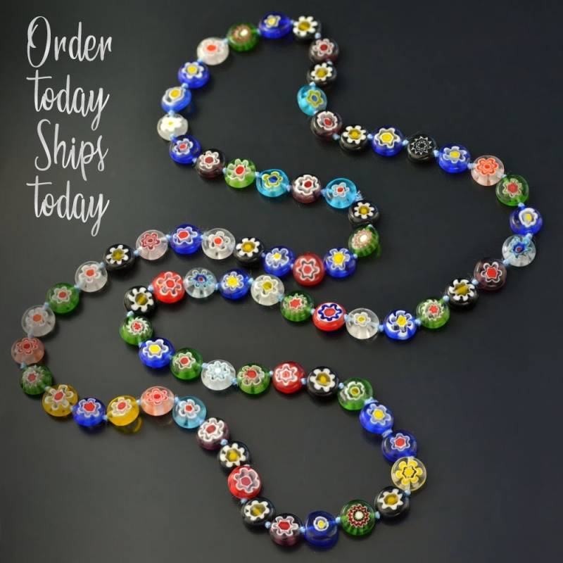 Millefiori Glasperlenkette Langer Regenbogen Boho Schmuck von ShelleyCooperJewelry