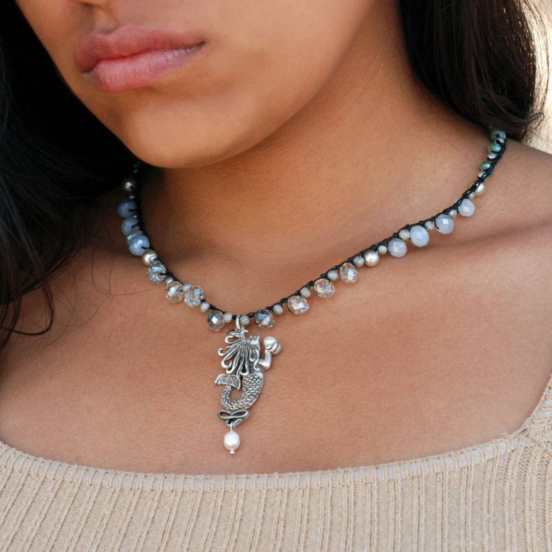 Skulpturierte Meerjungfrau Anhänger Halskette Kristall & Perle Strand Schmuck von ShelleyCooperJewelry