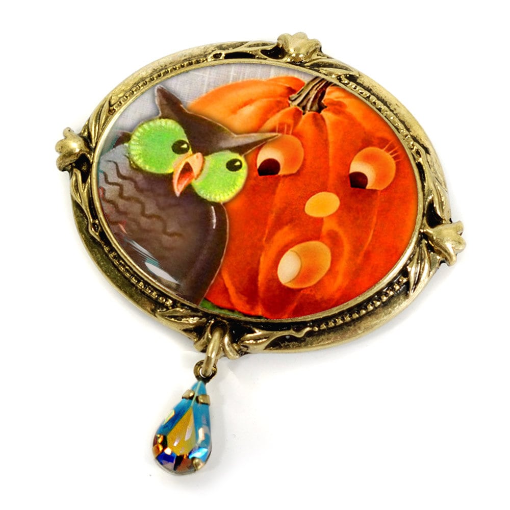 Vintage Halloween Kürbis Eule Brosche Mit Aurora Kristall Vintage Halloween Kürbis Eule Brosche Mit Aurora Kristall von ShelleyCooperJewelry