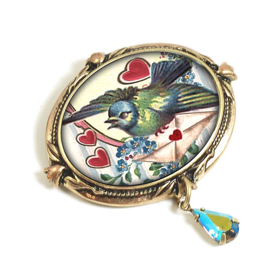 Vintage Valentinstag Vogel Brosche Liebesbrief Pin, Kristall Tropfen, P344 Vintage Valentinstag Vogel Brosche Liebesbrief Pin, Kristall Tropfen, P344 von ShelleyCooperJewelry