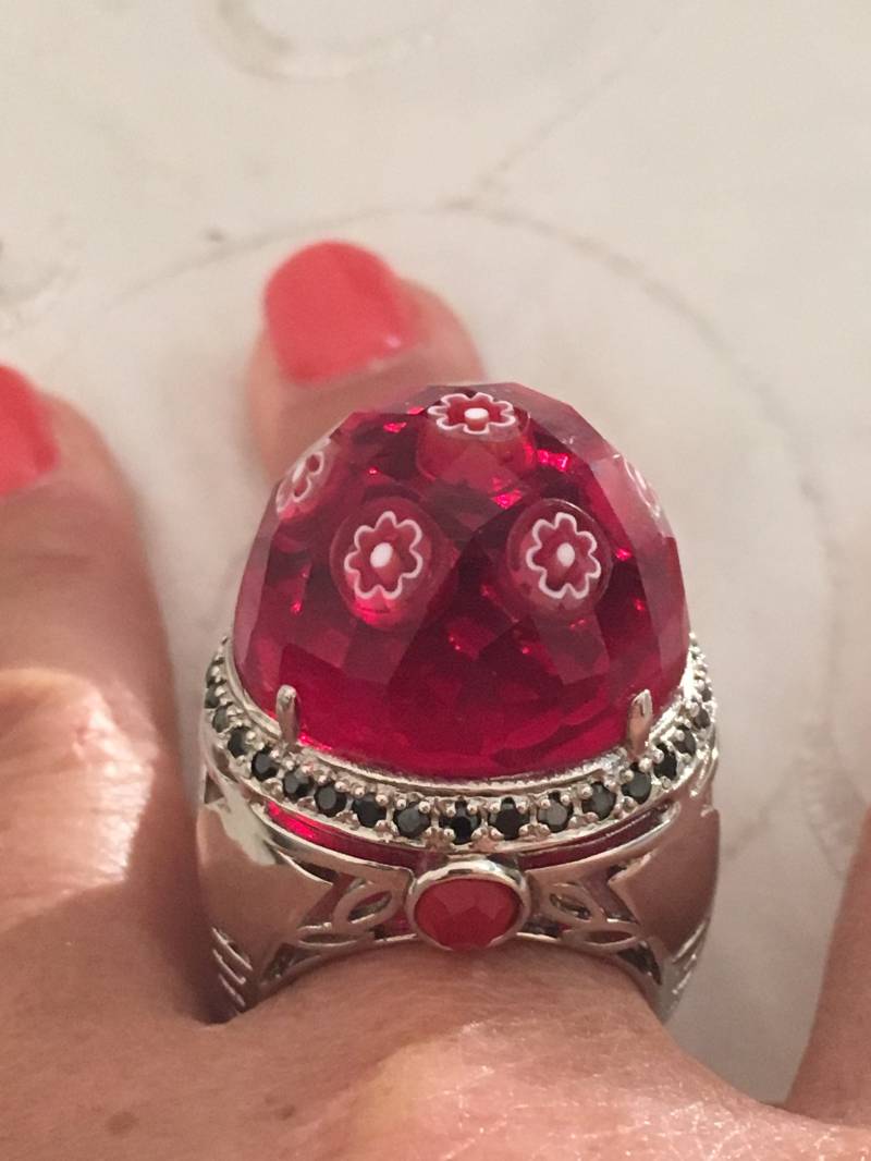 Vintage Sterling Silber Rote Blumenkugel Pop Art Ring Vintage Sterling Silber Rote Blumenkugel Pop Art Ring von Shelleyscollectibles