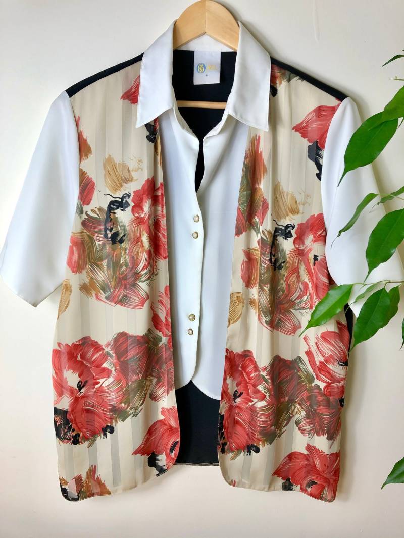 Vintage 80Er Jahre Bluse | Taillenmantel-Funktion Abstrakte Pinselstriche Kurze Ärmel Kunstperlenknöpfe Hemdkragen C&a Uk Größe 16 von ShellnPearlVintage