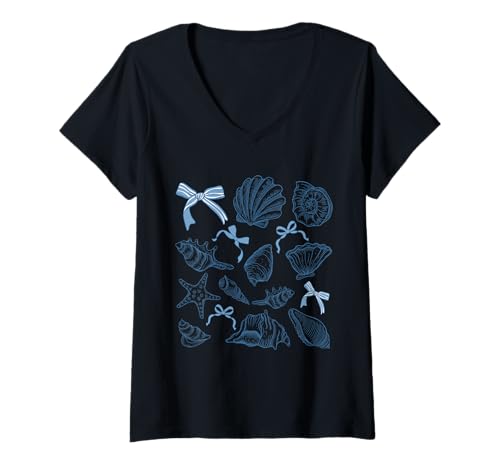 Damen Muschel adrette blaue Kokette Schleife Strand Küste Muschel T-Shirt mit V-Ausschnitt Damen Muschel adrette blaue Kokette Schleife Strand Küste Muschel T-Shirt mit V-Ausschnitt von Shells Collector Crafts Starfish Conch Graphics