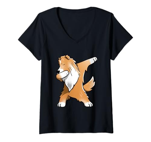 Damen Lustiger Dabbing Shetland Sheepdog T-Shirt mit V-Ausschnitt von Sheltie Dog GA