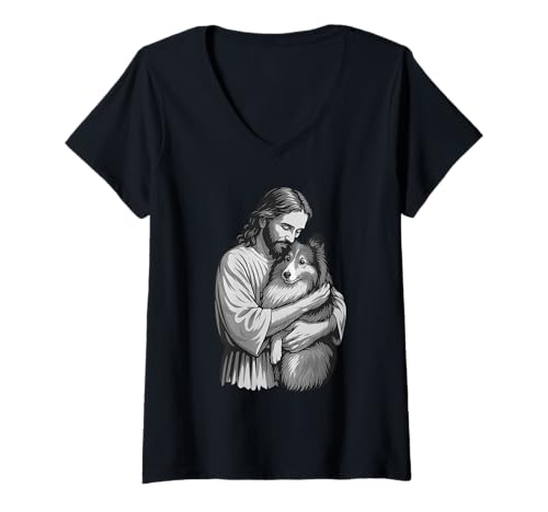 Damen Shetland Sheepdog und Hundeliebhaber von Jesus Christian Faith T-Shirt mit V-Ausschnitt Damen Shetland Sheepdog und Hundeliebhaber von Jesus Christian Faith T-Shirt mit V-Ausschnitt von Sheltie Lion Of Judah Dog Designs