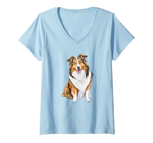 Damen Schöne Shetland-Schäferhund-Illustrationskunst T-Shirt mit V-Ausschnitt Damen Schöne Shetland-Schäferhund-Illustrationskunst T-Shirt mit V-Ausschnitt von Sheltie Lovers