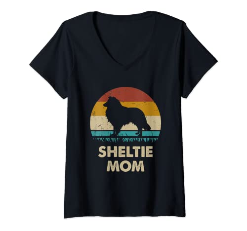 Damen Sheltie Mom Geschenk für Frauen Lustiger Sheltie Hund Vintage T-Shirt mit V-Ausschnitt von Sheltie Mom Vintage Dog