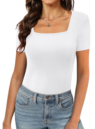 Shen&Qege Damen-Bodys Eckiger Ausschnitt kurze Ärmel dehnbar Basic-Bodysuit-Oberteile L von Shen&Qege