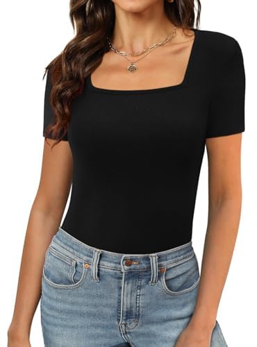 Shen&Qege Damen-Bodys Eckiger Ausschnitt kurze Ärmel dehnbar Basic-Bodysuit-Oberteile M von Shen&Qege