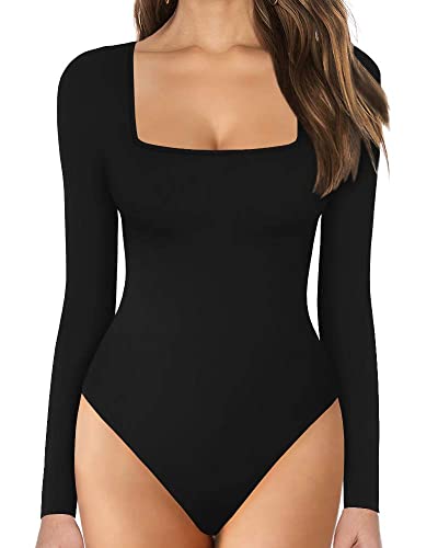 Shen&Qege Damen Jumpsuit Langarm-Body mit quadratischem Ausschnitt Bodysuit Shirt von Shen&Qege