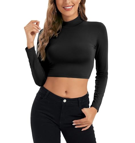 Shen&Qege Damen Langarm-Crop-Top Y2K mit Rollkragen, weich, leicht, Basic-Slim-Fit-Tops von Shen&Qege