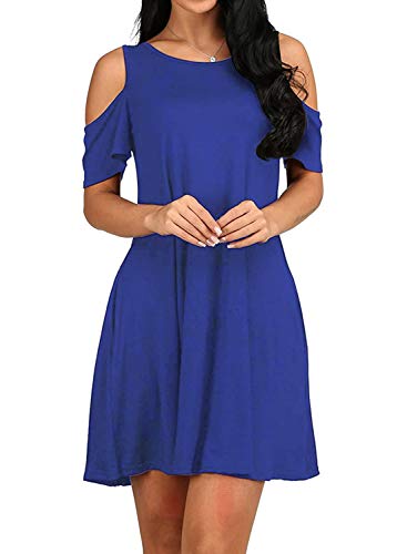 Shenbolen Damen Cold Shoulder Kleid Tunika T-Shirt Lose Kleid Kurzarm Freizeitkleid mit Taschen - - Klein von Shenbolen