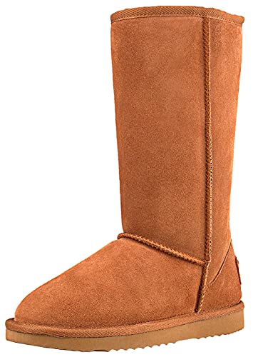 Shenduo Damen Wasserdicht Schlupfstiefel Halbschaft Winterstiefel Klassisch Leder Winterschuhe D5115 Chestnut 40EU von Shenduo