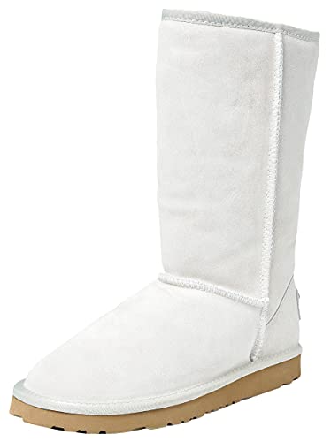 Shenduo Damen Wasserdicht Schlupfstiefel Halbschaft Winterstiefel Klassisch Leder Winterschuhe D5115 Weiß 38EU von Shenduo