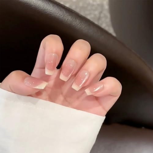French Press on Nails, Sarg künstliche Nägel mit Kleber, 24 Stück, mittelgroß, schimmernde, hellrosa Nägel zum Aufkleben mit elegantem französischem Design für die tägliche Maniküre, Nägel und Frauen von Shengqialun