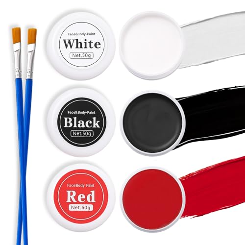 Halloween-Gesichtsbemalungs-Set – rote, schwarze und weiße Gesichtsfarbe mit 2 Pinseln – waschbare Körperfarbe für Erwachsene und Kinder – Make-up-Set für Skelett, Zombie, Geist, Totenkopf, Joker und von Shengqialun