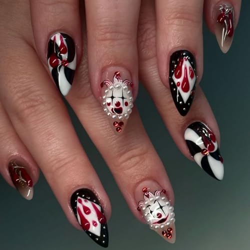 Halloween Kurze Mandel Press on Nails – Zirkus Clown Wiederverwendbare Kunstnägel – Bluttropfenstreifen & Geistergesicht Design – Nägel zum Aufkleben mit Kleber für Frauen – Diamantförmiges Muster von Shengqialun
