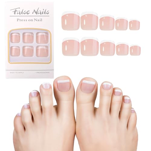 Press on Nails, Zehennägel Falsche French Tip Kurz, Stick on Nails Square für Frauen, Fake Toenails Nude Pink, Zehennagel Extensions Wiederverwendbar, Falsche Zehennägel Für Big Toe von Shengqialun