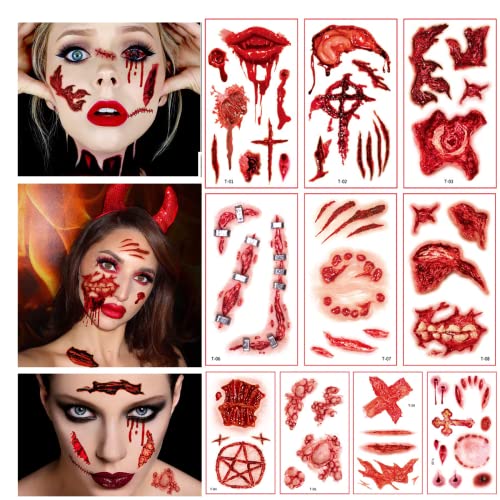 Halloween Temporäre Tattoos,Halloween Narben Tattoo,Narben Kratzer Aufkleber,Scar Blut Sticker,Gefälschten Scab Blut,Halloween Zombie Scars Tattoos Aufkleber,Halloween Kostüm Schminke Set von Shengruili