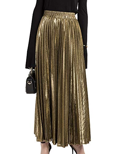 Faltenrock Maxi Damen Langer Plisseerock Hohe Taille Grelle Farbe Rock Gold 2XL von Shengwan