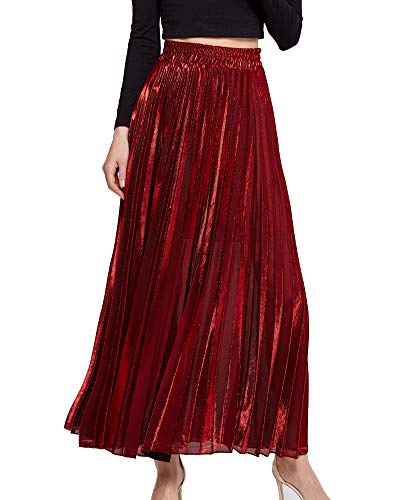 Faltenrock Maxi Damen Langer Plisseerock Hohe Taille Grelle Farbe Rock Rot S von Shengwan