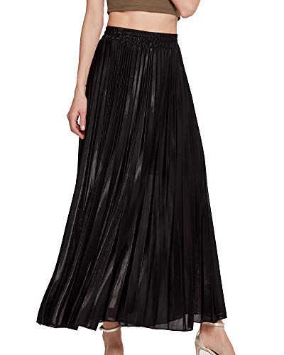 Faltenrock Maxi Damen Langer Plisseerock Hohe Taille Grelle Farbe Rock Schwarz 2XL von Shengwan