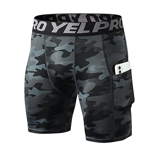 Herren Kompressions-Shorts für Fitnessstudio, Laufen, kurze Strumpfhose, atmungsaktiv, mit Handy-Taschen, Camouflage / Schwarz, XL von Shengwan
