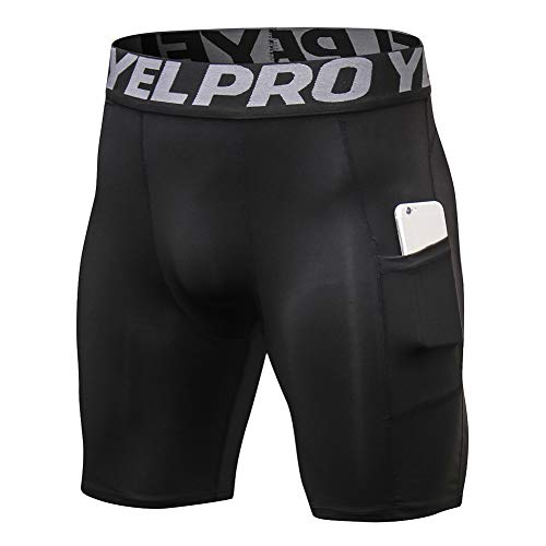 Herren Kompressions-Shorts für Fitnessstudio, Laufen, kurze Strumpfhose, atmungsaktiv, mit Handy-Taschen, Schwarz , L von Shengwan