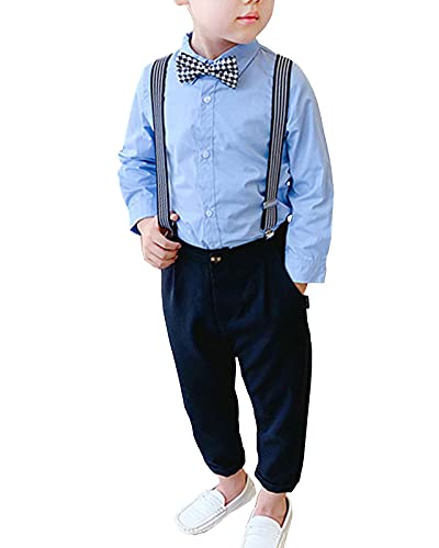 Jungen Gentleman Kinder Langarm Hemd + Hose mit Träger Anzug Kleidung Set Schwarz Blau 140 von Shengwan