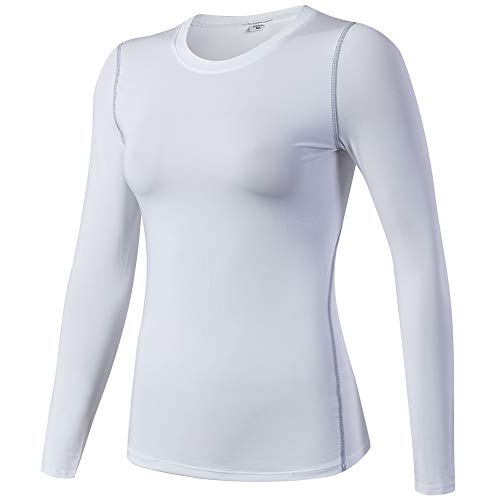 Langarm Kompressionsshirt Damen Schnell Trocknend Elastisch Funktionsshirts Training Fitness Gym Lauf T-Shirt Weiß XL von Shengwan
