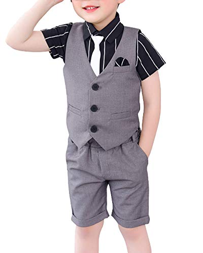 Shengwan 2 Stück Kinder Junge Anzug Sommer Hochzeit Anzüge Weste + Kurze Hose, Kinderanzug Festlich Outfit Grau 130cm von Shengwan