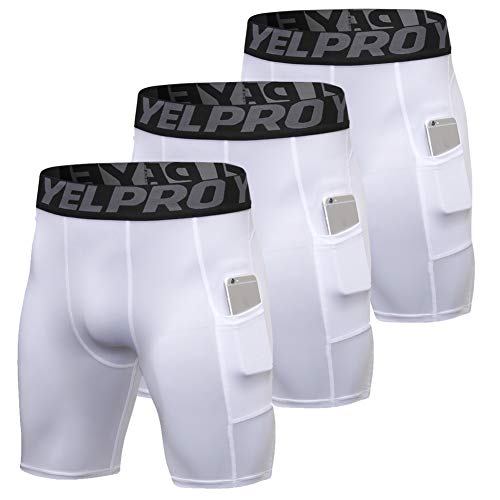 Shengwan 3 Pcs Kompressionsshorts Herren Fitness Thermisch Funktionswäsche Base Layer Kurz Hose mit Tasche 3*Weiß XL von Shengwan