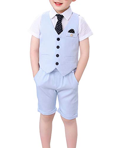 Shengwan 3 Stück Jungen Kinder Anzug Set Hochzeit Festlich Kinderanzug, Anzüge Weste + Kurze Hose + Krawatte Blau 110cm von Shengwan