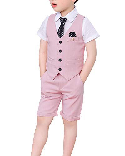 Shengwan 3 Stück Jungen Kinder Anzug Set Hochzeit Festlich Kinderanzug, Anzüge Weste + Kurze Hose + Krawatte Pink 100cm von Shengwan