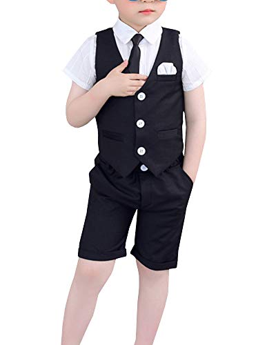 Shengwan 4 Stück Jungen Anzug mit Weste Hemd Gentleman Kinderanzug Hochzeit Festlich Outfit Schwarz 130cm von Shengwan