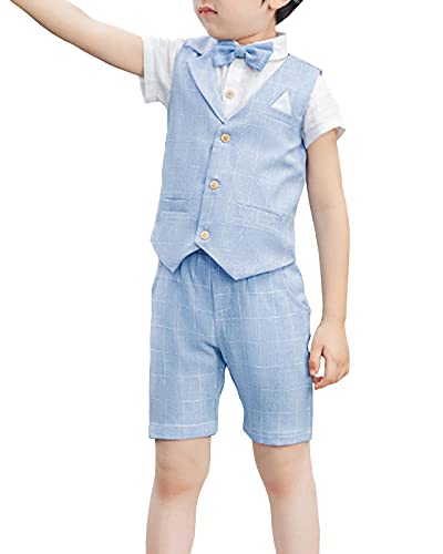 Shengwan 4 Stück Kinder Junge Anzug Hochzeit Anzüge Weste + Kurzarm Hemd + Kurze Hose + Fliege Kinderanzug Festlich Outfit Blau 5-6 Jahre von Shengwan