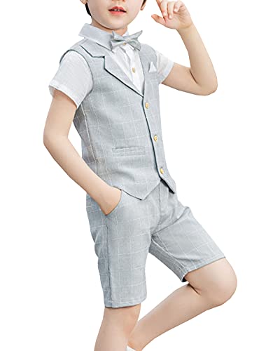 Shengwan 4 Stück Kinder Junge Anzug Hochzeit Anzüge Weste + Kurzarm Hemd + Kurze Hose + Fliege Kinderanzug Festlich Outfit Grau 10-11 Jahre von Shengwan