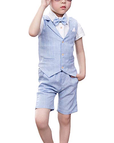 Shengwan 4 Stück Kinder Junge Anzug Sommer Hochzeit Anzüge Weste + Kurzarm Hemd + Kurze Hose + Bowtie Kinderanzug Festlich Outfit Hellblau 140cm von Shengwan