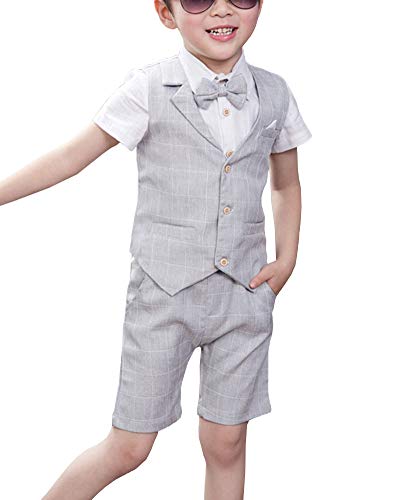 Shengwan 4 Stück Kinder Junge Anzug Sommer Hochzeit Anzüge Weste + Kurzarm Hemd + Kurze Hose + Bowtie Kinderanzug Festlich Outfit Hellgrau 120cm von Shengwan