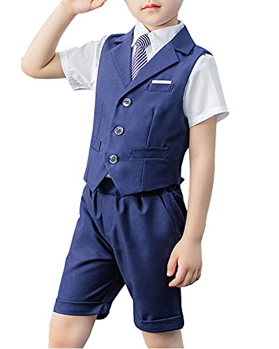 Shengwan 4 Stück Kinder Junge Anzug Sommer Hochzeit Anzüge Weste + Kurzarm Hemd + Kurze Hose + Krawatte Kinderanzug Festlich Outfit Blau 2-3 Jahre von Shengwan