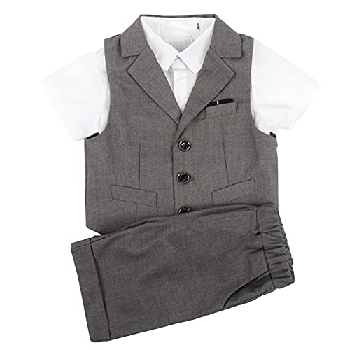 Shengwan 4 Stück Kinder Junge Anzug Sommer Hochzeit Anzüge Weste + Kurzarm Hemd + Kurze Hose + Krawatte Kinderanzug Festlich Outfit Grau 4-5 Jahre von Shengwan