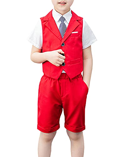 Shengwan 4 Stück Kinder Junge Anzug Sommer Hochzeit Anzüge Weste + Kurzarm Hemd + Kurze Hose + Krawatte Kinderanzug Festlich Outfit Rot 11-12 Jahre von Shengwan