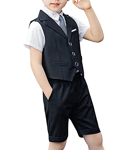 Shengwan 4 Stück Kinder Junge Anzug Sommer Hochzeit Anzüge Weste + Kurzarm Hemd + Kurze Hose + Krawatte Kinderanzug Festlich Outfit Schwarz 13-15 Jahre von Shengwan